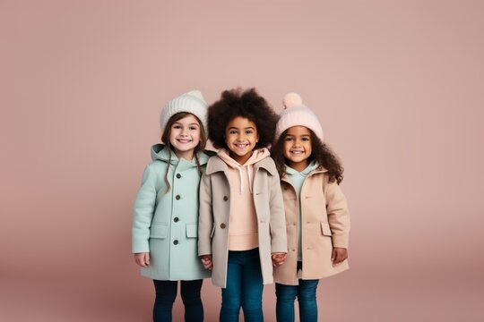 Three little girls wearing comfy warm coats and wool hats in pastel colors, posing and smiling. Fall winter fashion for kids. Generative AI