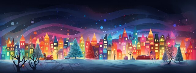 Christmas banner with New Year trees in retro colors with place for text