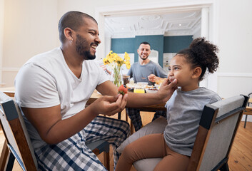 Gay couple, breakfast or child with father wipe, cleaning or remove food, morning meal or cereal...