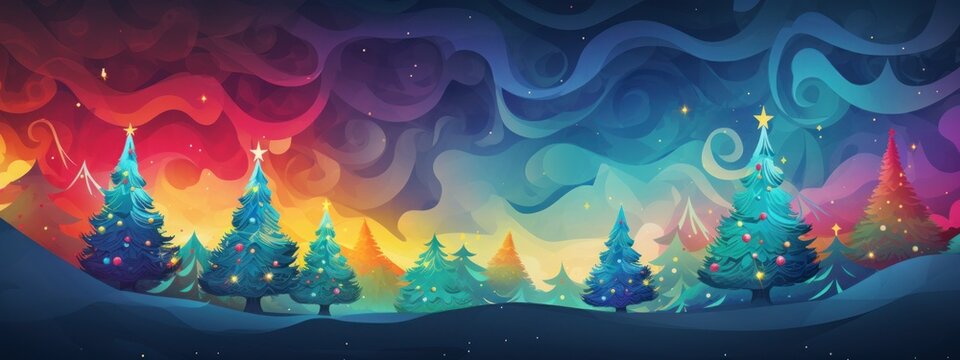 Christmas banner with New Year trees in retro colors with place for text