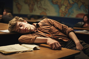 student sleeps at his desk