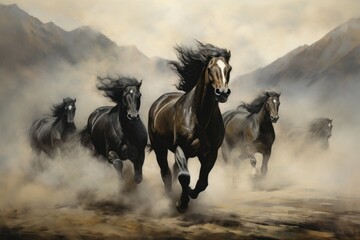 white horses running in a field on a black background - obrazy, fototapety, plakaty