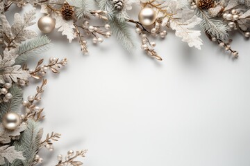 Corner of christmas tree branches with decorations