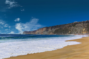 Nazare beach in Portugal, home of oonw of the biggest waves in the world. Nazare bi waves beach