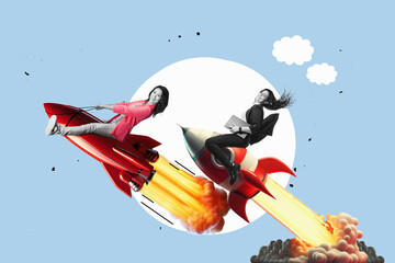 Art collage. Launch of a red rocket with a smiling business woman. Successful start up concept....