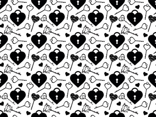 Lock shaped hearts and skeleton keys. Seamless pattern. 
Black and white. St. Valentine's Day. Love.