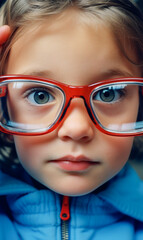 Close-up portrait of a cute little girl with big red eyeglasses
