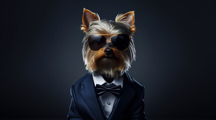 Cool looking Yorkshire Terrier dog wearing suit, bow and sunglasses isolated on dark background. Digital illustration generative AI.