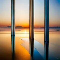 Reflexão do nascer do sol e do mar na janela de vidro no resort hoteleiro de luxo