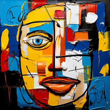 Retrato pintado colorido de um homem.  Colagem de arte contemporânea.