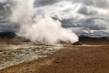 Mývatn geothermal area with its numerous hot springs in the Krafla volcanic system