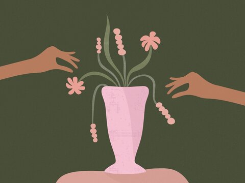 Hands Picking Flowers in Vase 