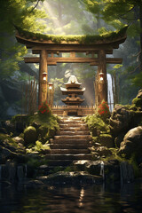  Illustrated photo of a Japanese shrine in a 3D forest