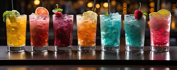 Assortment fresh rainbow cocktails on the bar counter - obrazy, fototapety, plakaty