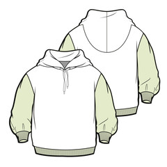 Kids oversized hoodie full sleeve with cuff rib, hem rib front and back view technical flat drawing vector template