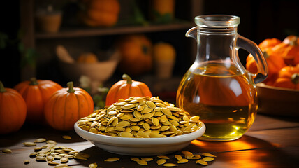 Pumpkin seeds and pumpkin seed oil on a background of pumpkins. 
