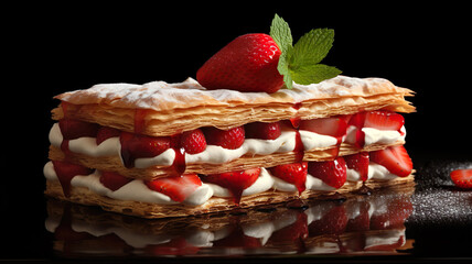 Millefeuille with strawberry on a black background.  - obrazy, fototapety, plakaty
