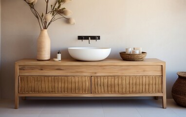 Fototapeta na wymiar Contemporary Bathroom Interior Design featuring a Wooden Vanit. Generative AI