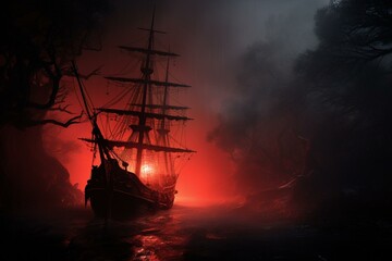 A pirate vessel navigates through thick mist illuminated by eerie red lights. Generative AI