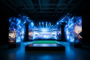 Illuminated stadium backdrop for exhibition made with. Generative AI
