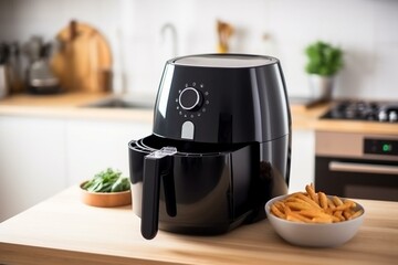 Modern kitchen with air fryer, fries, small plant and wooden table. Generative AI
