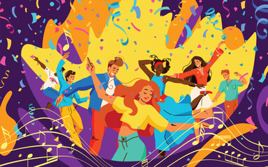 Party vector background. Young men and women dancing, they are happy