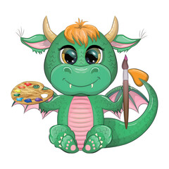 Cute cartoon green dragon with brushes and paints, artist. Symbol of 2024 according to the Chinese calendar.