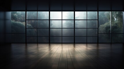 Dark empty modern room with beautiful landscape in the window