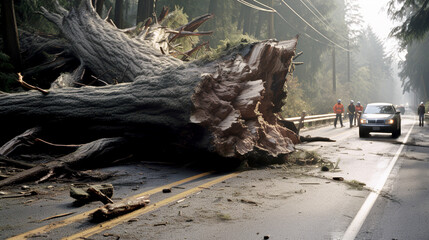 The tree was uprooted by the wind as a result of the Natural Disaster. The tree lies on the road