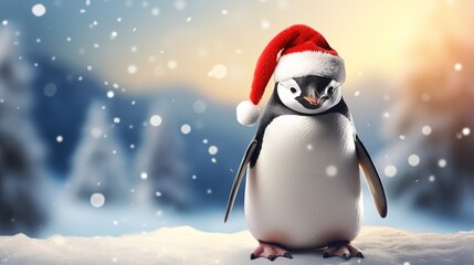 Cute penguin in a santa hat on a winter background. Banner, copy space