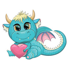 Fototapeta premium Cute cartoon green dragon with a heart, declaration of love, Valentines day. Symbol of 2024 according to the Chinese calendar.