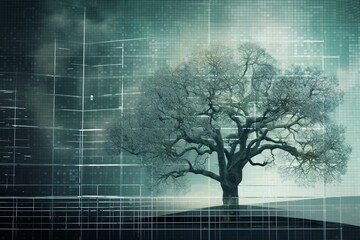 Digital illustration with a high-tech backdrop featuring a tree. Generative AI