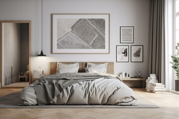 Inviting bedroom with frame and poster mockups. Rendered in 3D. Generative AI