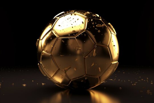 A rendered golden soccer ball on various surfaces and backgrounds. Generative AI