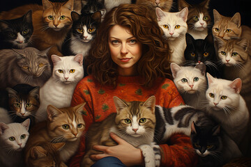 a girl and a lot of cats around, crazy cat lady