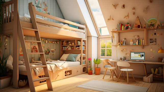Step into a haven of creativity and joy with this mesmerizing image of a kids' room. A loft bed with a built-in study nook underneath provides the perfect space for learning and exploration.
