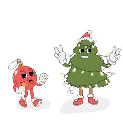 Retro groovy Christmas ball and tree. Groovy hippie Merry Christmas and Happy New Year. Trendy groovy cartoon illustration style white background. Greeting cards, posters, party invitations.