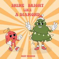 Retro groovy Christmas ball and tree. Groovy hippie Merry Christmas and Happy New Year. Trendy groovy cartoon illustration style vintage background. Greeting cards, posters, party invitations.