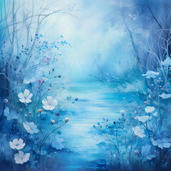 blue colorful forest with flowers