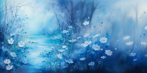 blue colorful forest with flowers