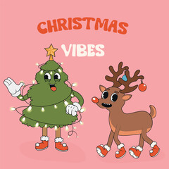 Retro groovy Christmas tree and reindeer. Groovy hippie Merry Christmas and Happy New Year. Trendy groovy cartoon illustration style pink background. Greeting cards, posters, party invitations.