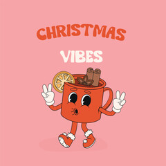 Retro groovy Christmas cup glintwine. Groovy hippie Merry Christmas and Happy New Year. Trendy groovy cartoon illustration style pink background. Greeting cards, posters, party invitations.