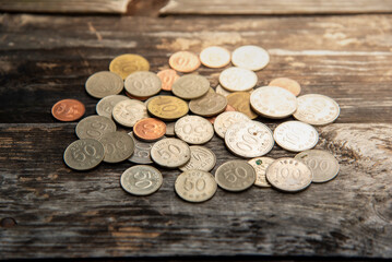 Korean coins placed on a wooden table