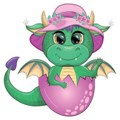 Fototapeta premium Cute cartoon green baby dragon in a summer hat, swim ring. Symbol of 2024 according to the Chinese calendar.