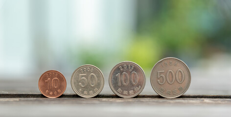 Korean coins placed on a wooden table