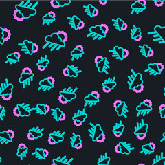 Line Cloud with rain and sun icon isolated seamless pattern on black background. Rain cloud precipitation with rain drops. Vector