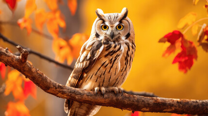 A Watchful owl is perched on a branch amidst vibrant, Background, Illustrations, HD