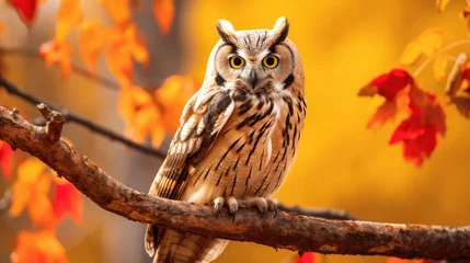 Papier Peint photo Lavable Dessins animés de hibou A Watchful owl is perched on a branch amidst vibrant, Background, Illustrations, HD