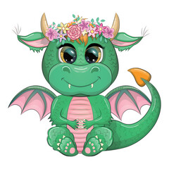 Cute cartoon green baby dragon with horns and wings. Symbol of 2024 according to the Chinese calendar