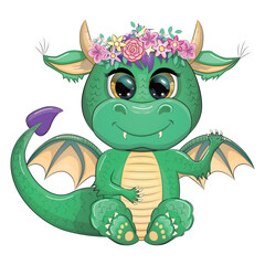 Cute cartoon green baby dragon with horns and wings. Symbol of 2024 according to the Chinese calendar